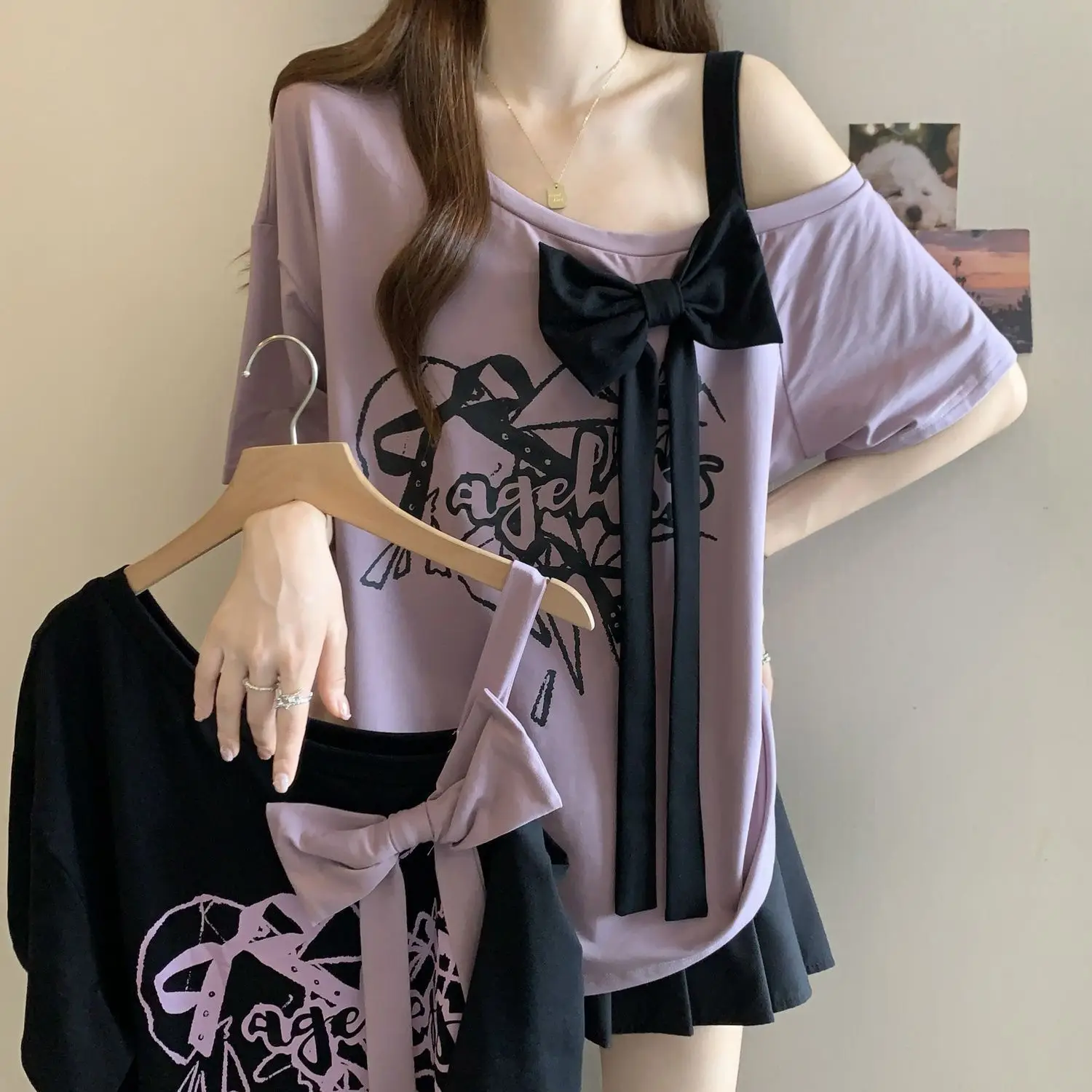 Summer Large-size Women's Clothing Loose And Thin Printed Three-dimensional Bow Irregular Off-the-shoulder Short-sleeved T-shirt