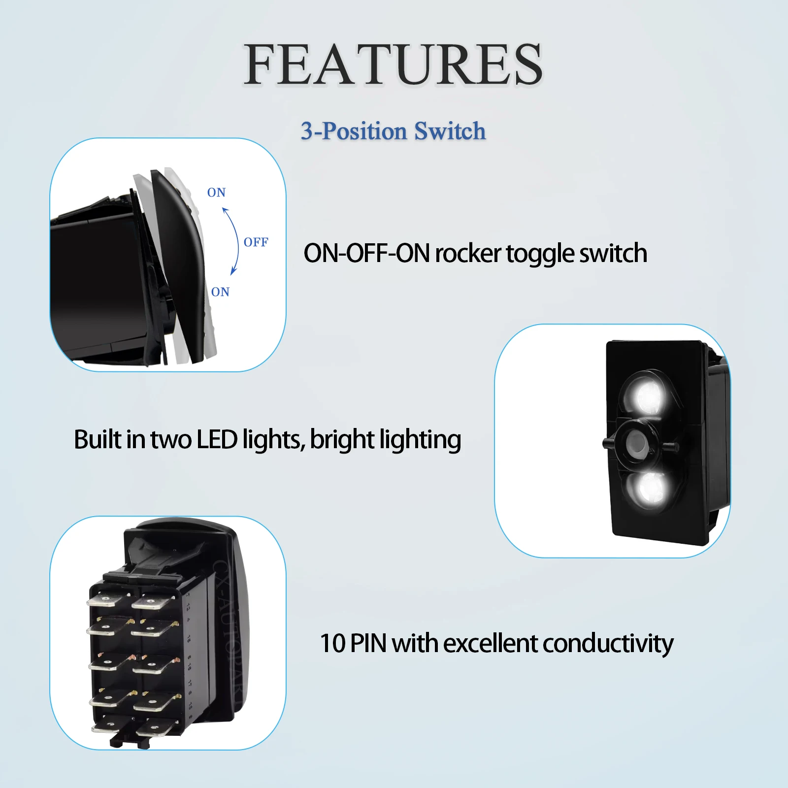 12V DPDT 3 Position Rocker Switch 10Pin ON OFF ON Up/Down Momentary Toggle White LED 12V/24V for Tractor ATV Polaris RZR Can-Am