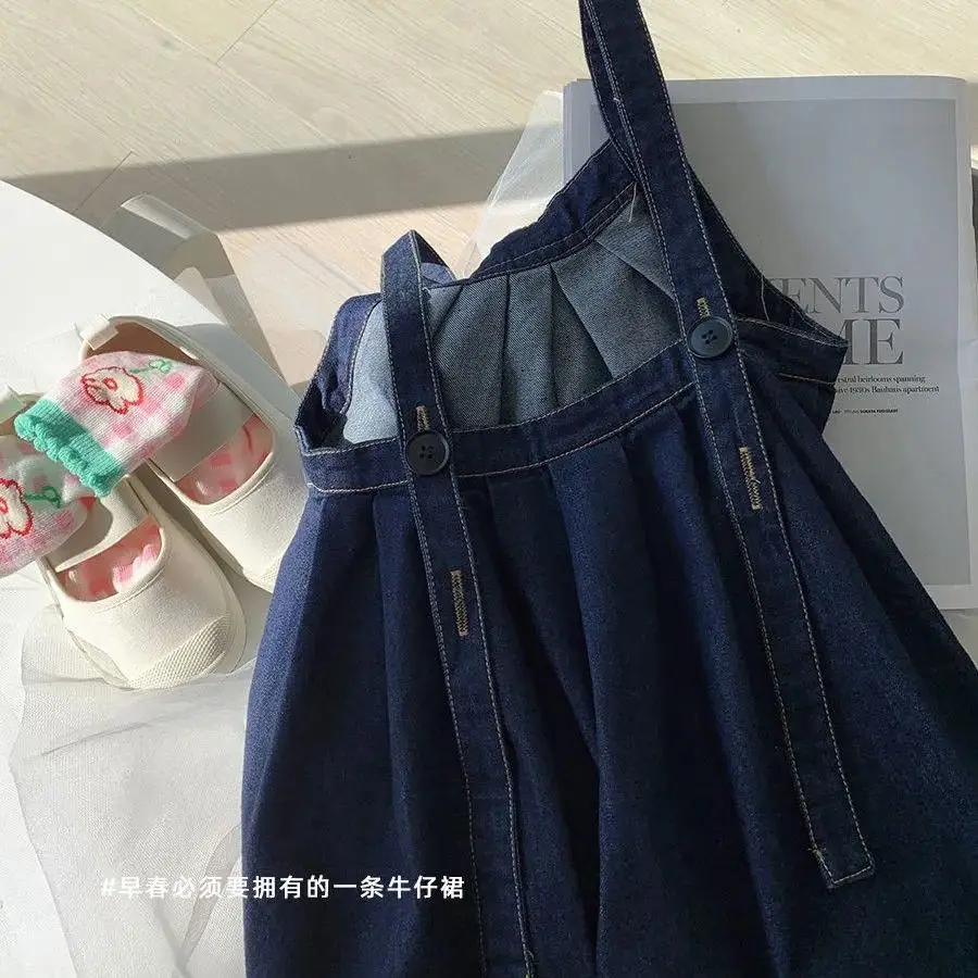 Children\'s Set Dress Autumn Style Doll Collar Shirt Denim Skirt  Long Sleeve 2pcs Denim Suspender Skirt+Beige Baby Collar