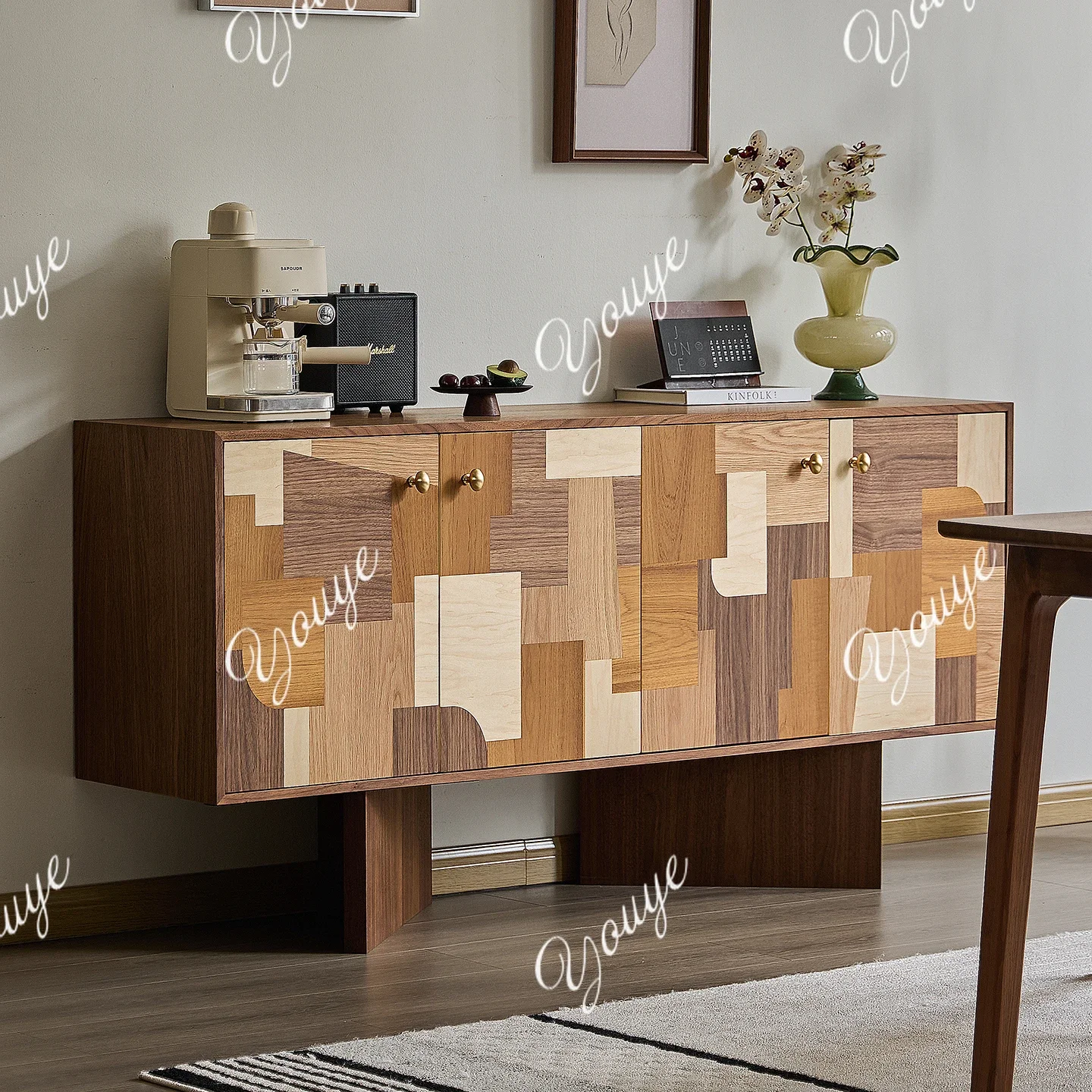 

J Pure Solid Wood Dining Side Cabinet, Antique Black Walnut Solid Wood Dining Room Storage Cabinet, Living Room Entrance Cabinet