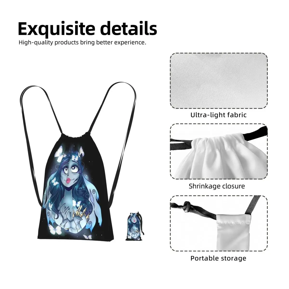 Mochila con cordón de Halloween, diseño de película, novia cadáver, fantasma, Tim Burton, bolsa deportiva para gimnasio, bolsa con cordón de almacenamiento plegable y ligera