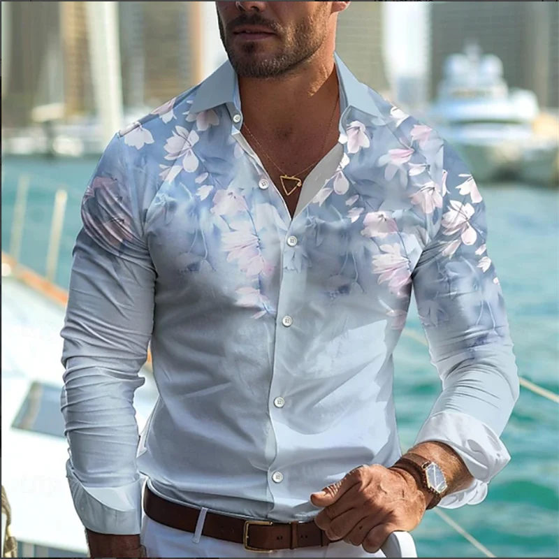 Vintage Hawaiian Men's Shirt Ethnic 3D Flower Print Long Sleeve Top Casual Fashion Loose Men's Suit
