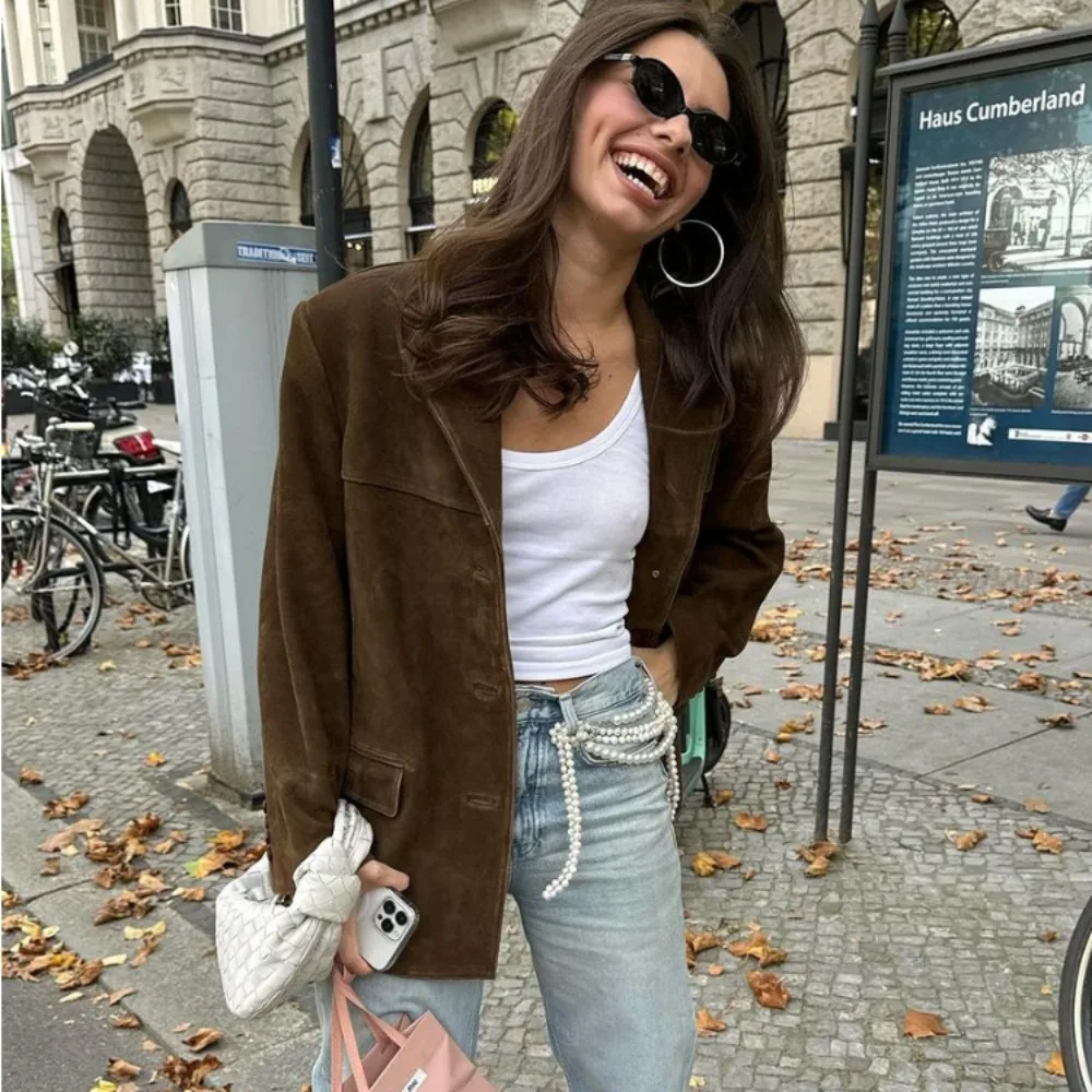 Chic Brown Suede Jacket For Women Elegant Lapel Long Sleeve Single Breasted Pockets Coats Autumn Office Lady Commuting Outwear