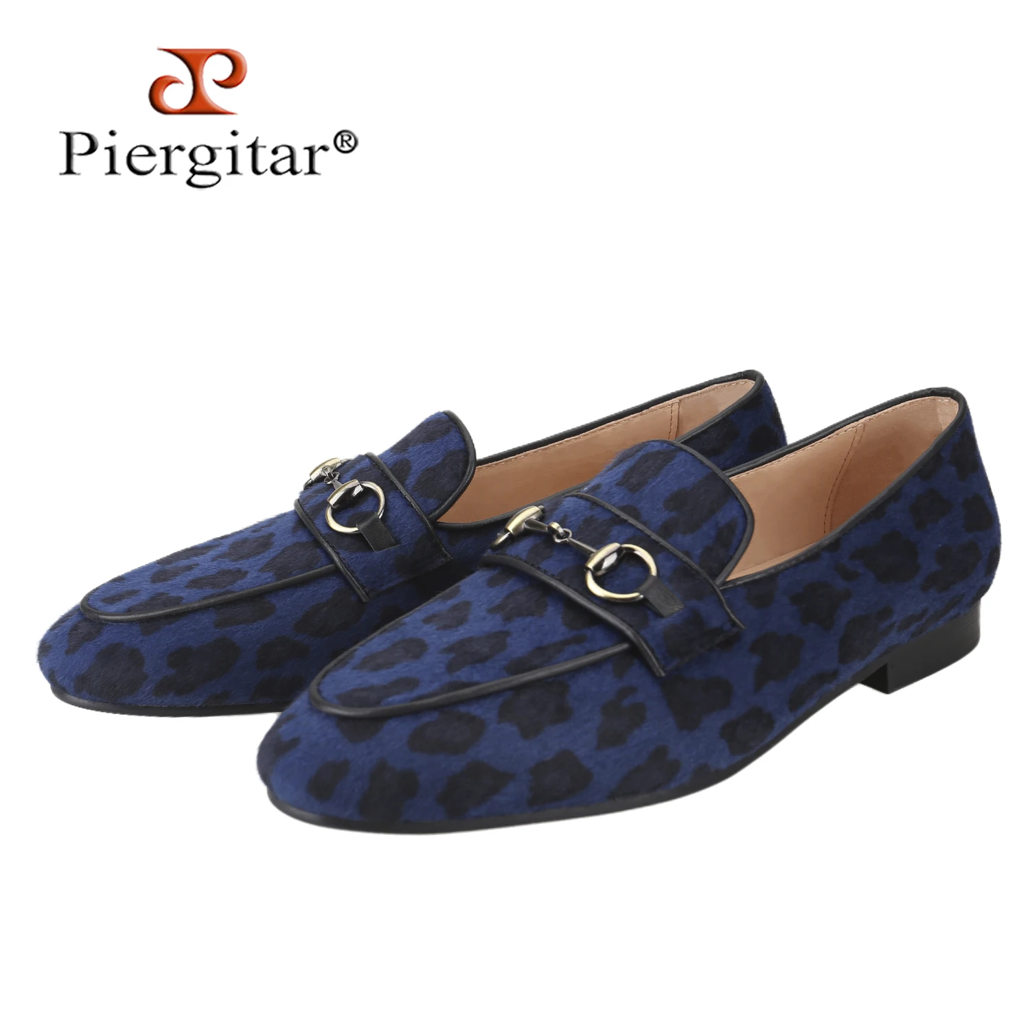 Piergitar Handmade Leopard Print Horsehair Men's Loafers With Bronze Horsebit Classic Style Flats Breathable Leather Insole