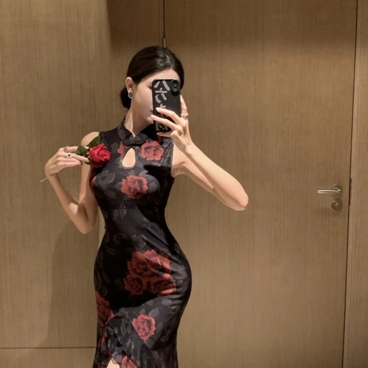 Chinese Improved Cheongsam Sleeveless Mesh Qipao National Flower Print Evening Party Dress Vintage Banquet Nightclub Dress