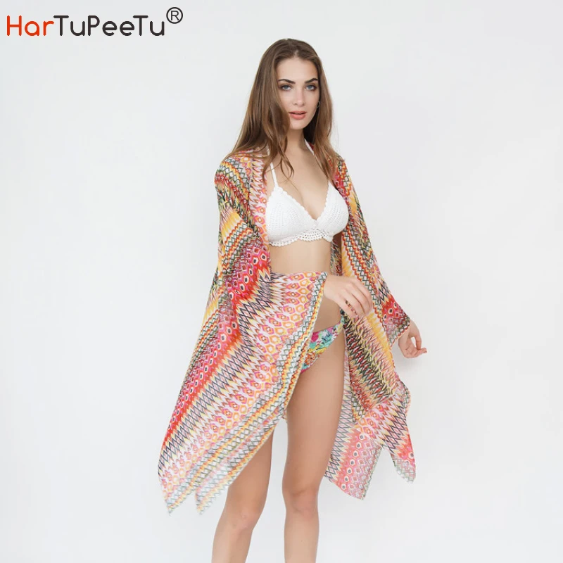 Vestido playero bohemio para mujer, cárdigan de gasa con estampado geométrico, manga larga para vacaciones, verano, 2023