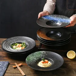 Italian Straw Hat Plate Commercial Italian Noodle Western Salad Plate Japanese Vintage Ceramic Plate UFO Round Deep Soup