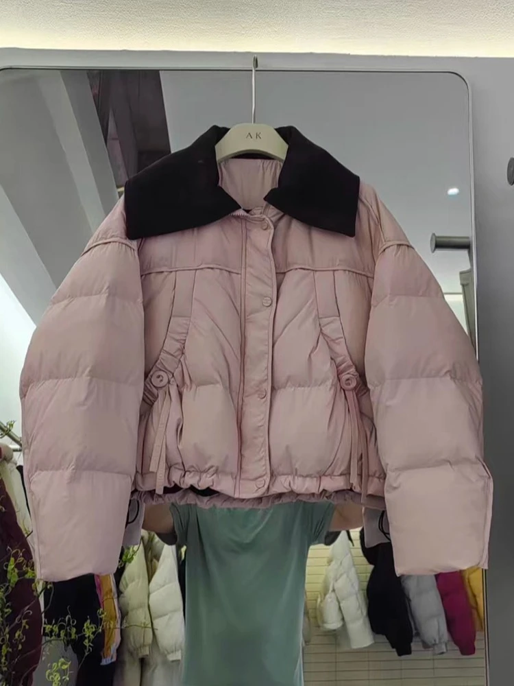 

2025 зимний новый пуховик, женский корейский вариант, толстое короткое стильное пальто с цветными блоками, белое пальто на утином пуху