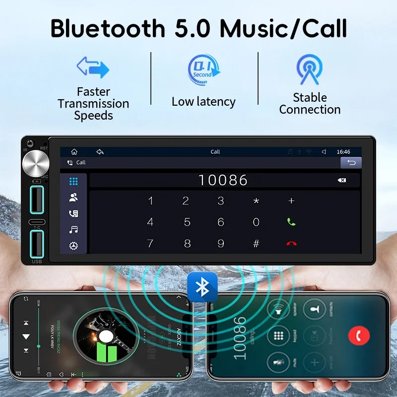 HIPPCRON Car Radio 6.86" Wireless Carplay Android Auto 1Din Car Stereo Multimedia Video BT5.0 FM USB Type-C Charge MP5 Player