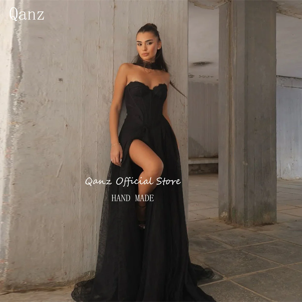 

Qanz Tulle Evening Dresses High Side Slit Black Lace Elegant Dresses For Special Event Long A Line Party Prom Dress Customized