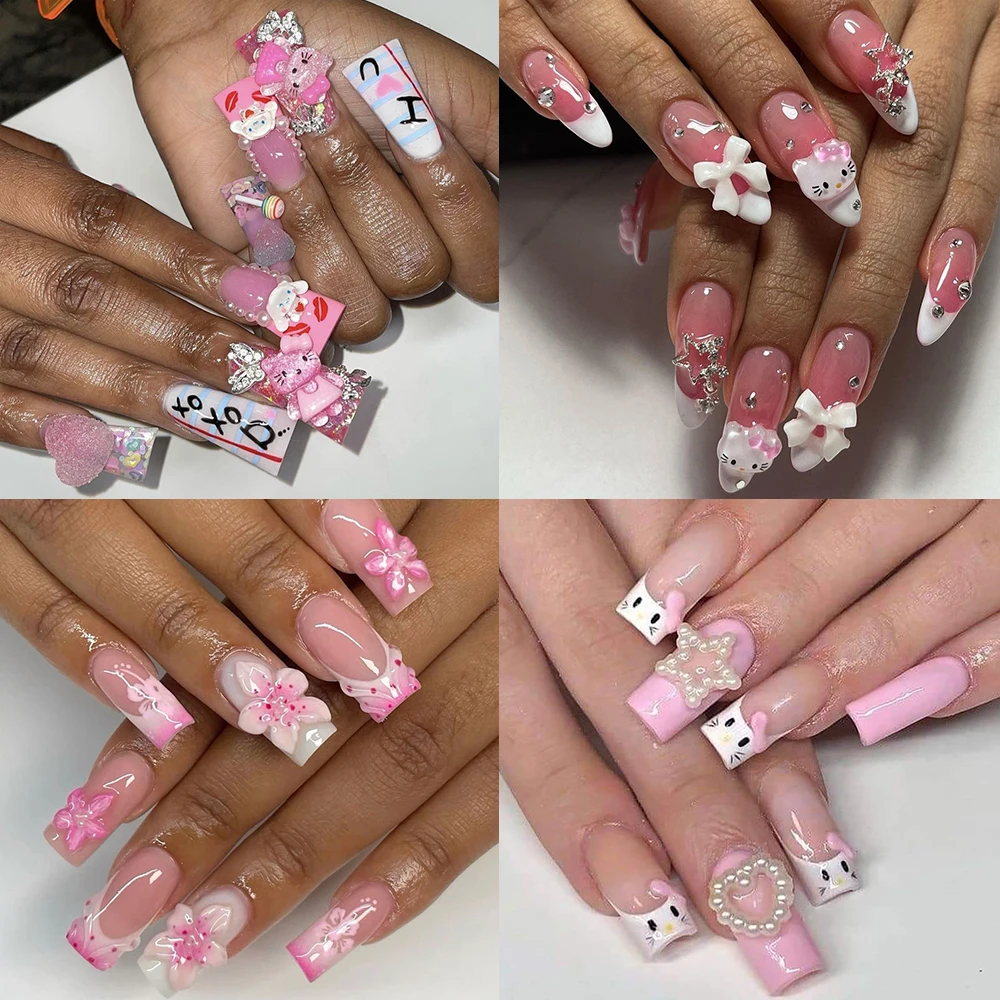 

10Pcs Handwork Y2K Spice Girl Press On Nails Sanrios Hello Kitty Xl Long Square Coffin Almond 3D Flower Fake Nails Tips Art