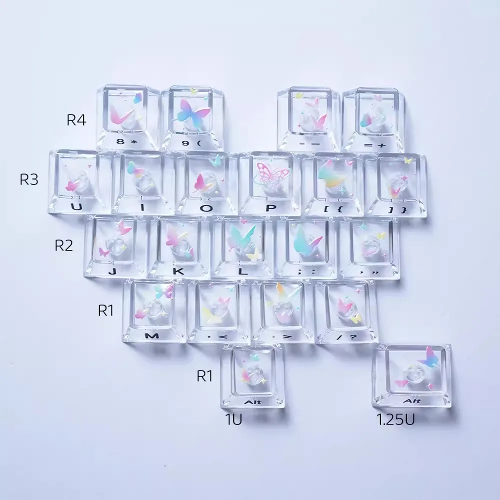 

21 Keys/set Butterfly Pattern Heart-shaped Keycap Cherry Profile Side Printed Transparent Key Caps For MX Switch PC Material