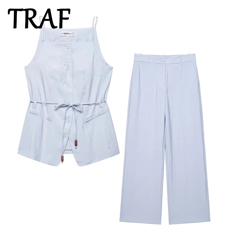 

TRAF Straight Pants Set Women's 2 Pieces 2025 Spring Summer Tied Vest Tops High Waist Trousers Fashion Casual Set Women Outfit