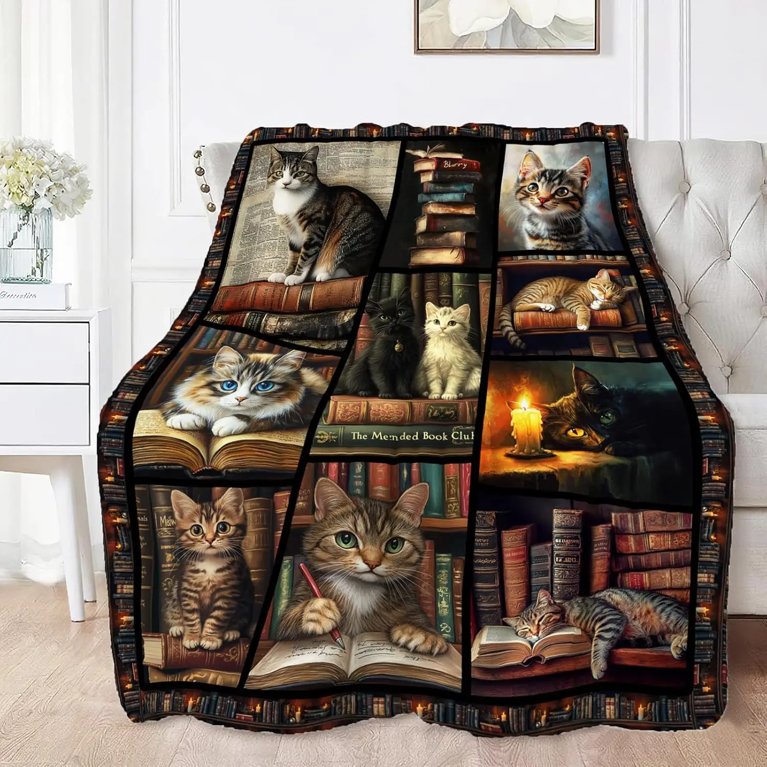 Cozy Cat Bookworms Throw Blanket Sofa Decor Gift for Pet Owners Literary Academia Autumn Spring Season Housewarming Home Decor
