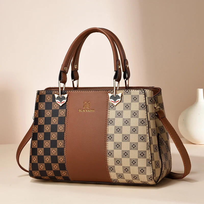 Fashion vintage chequered printed women's handbag, the trend of color texture, large capacity single shoulder crossbody bag