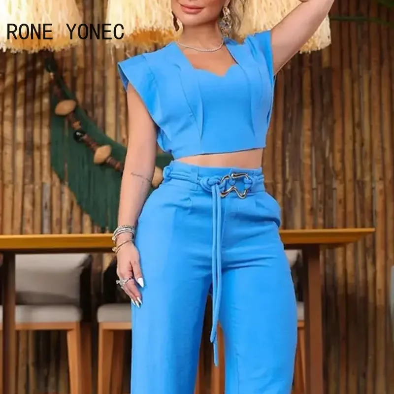 2023 Women Solid Chic Sleeveless Crop Top & Pencil Pants with Belts Fashion Women Sets