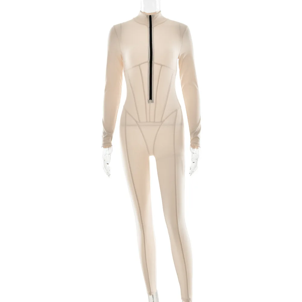 Sexy estilo cor sólida manga zíper base camada calças outono inverno novo em torno do pescoço longo apertado bodysuit para mulher
