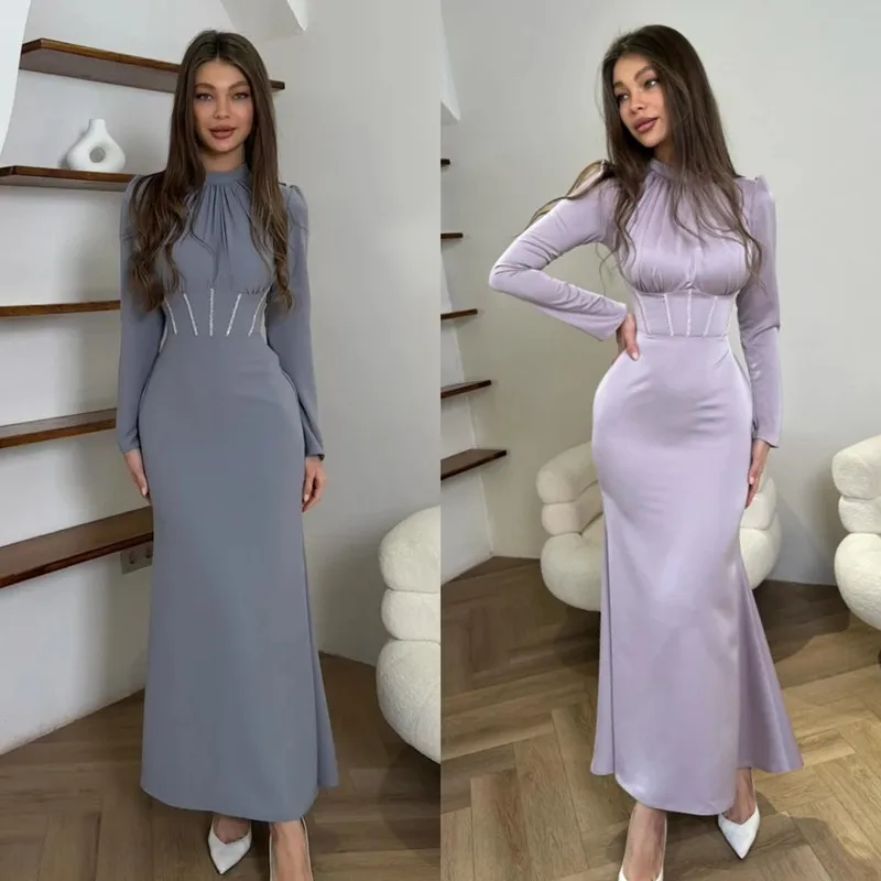 

Aleeshuo Elegant Long Satin Prom Gowns Mermaid Long Sleeves Evening Dresses Pleated High Neck Beaded Ankle-Length Robe de soirée