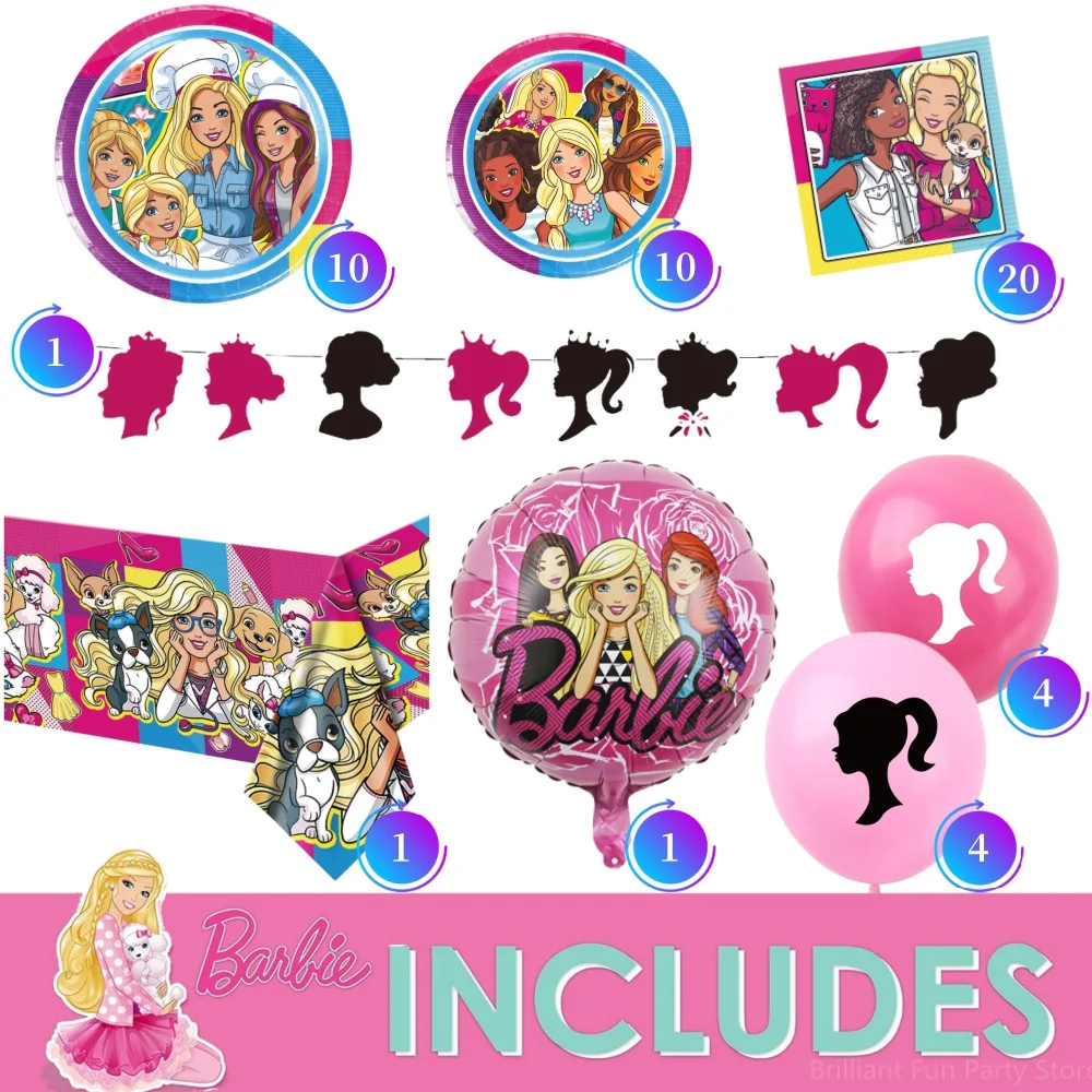 Barbie Party Decorations Balloons Set Princess Paper Plates Napkins Banner Tablecover Pink Barbie Girl Birthday Party Supplies