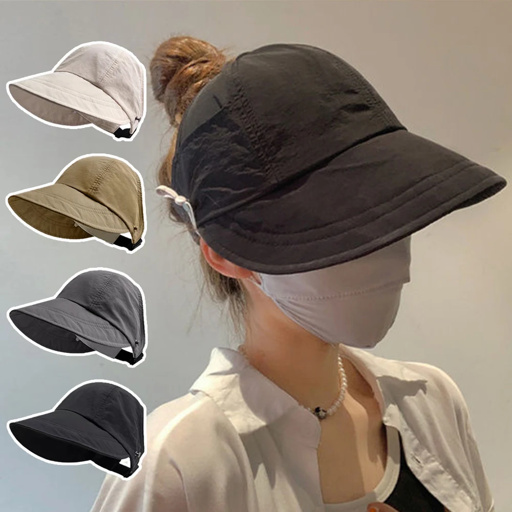 Adjustable Wide Brim Sunhat Women Summer Outdoor Beach Sun Visors Ponytail Fisherman Caps Drawstring Hollowed out Bucket Hats