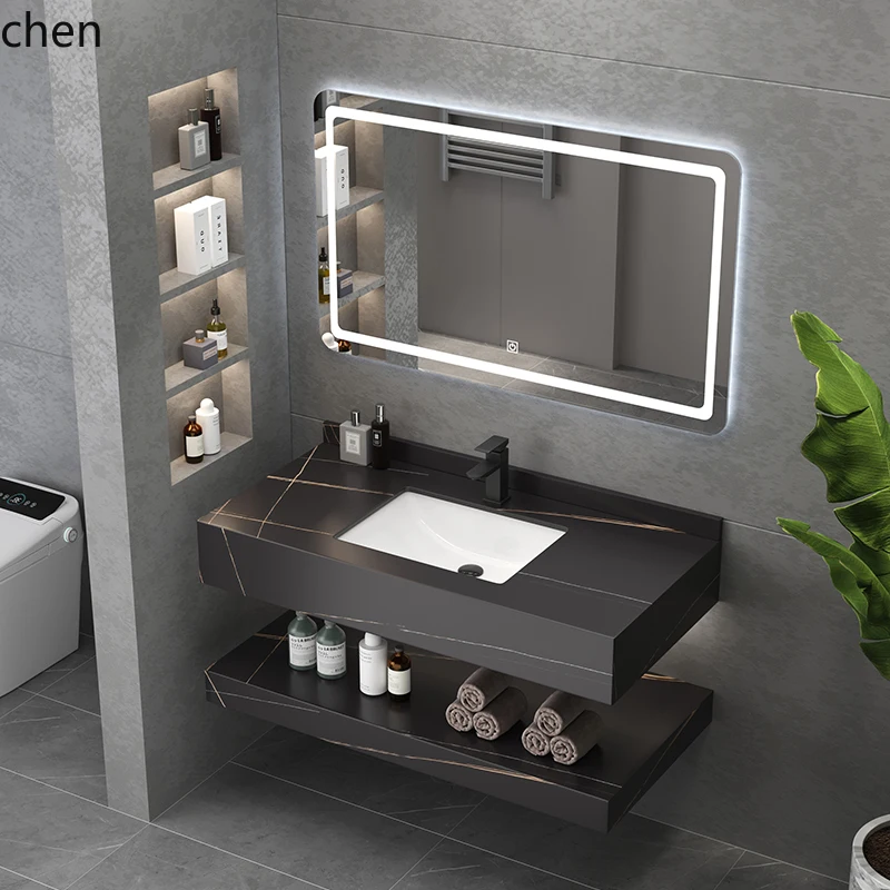 

LXC Double Layer Rock Plate Wall Mounted Wash Basin Bathroom Cabinet Combination Washstand Household Marble Wash Basin