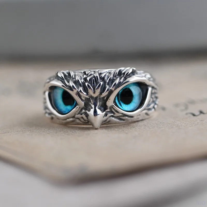 Vintage Evil Eye Owl Ring, Creative Bold Animal Design, Adjustable Open Band Jewelry