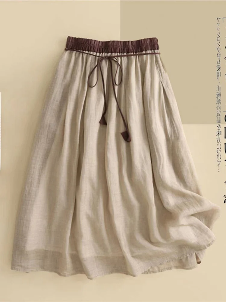 ارتفاع الخصر طبقات مزدوجة الكتان ألف خط تنورة المرأة ماكسي ميدي تنورة جرس بوت القطن الكتان f الجسم التنانير #1