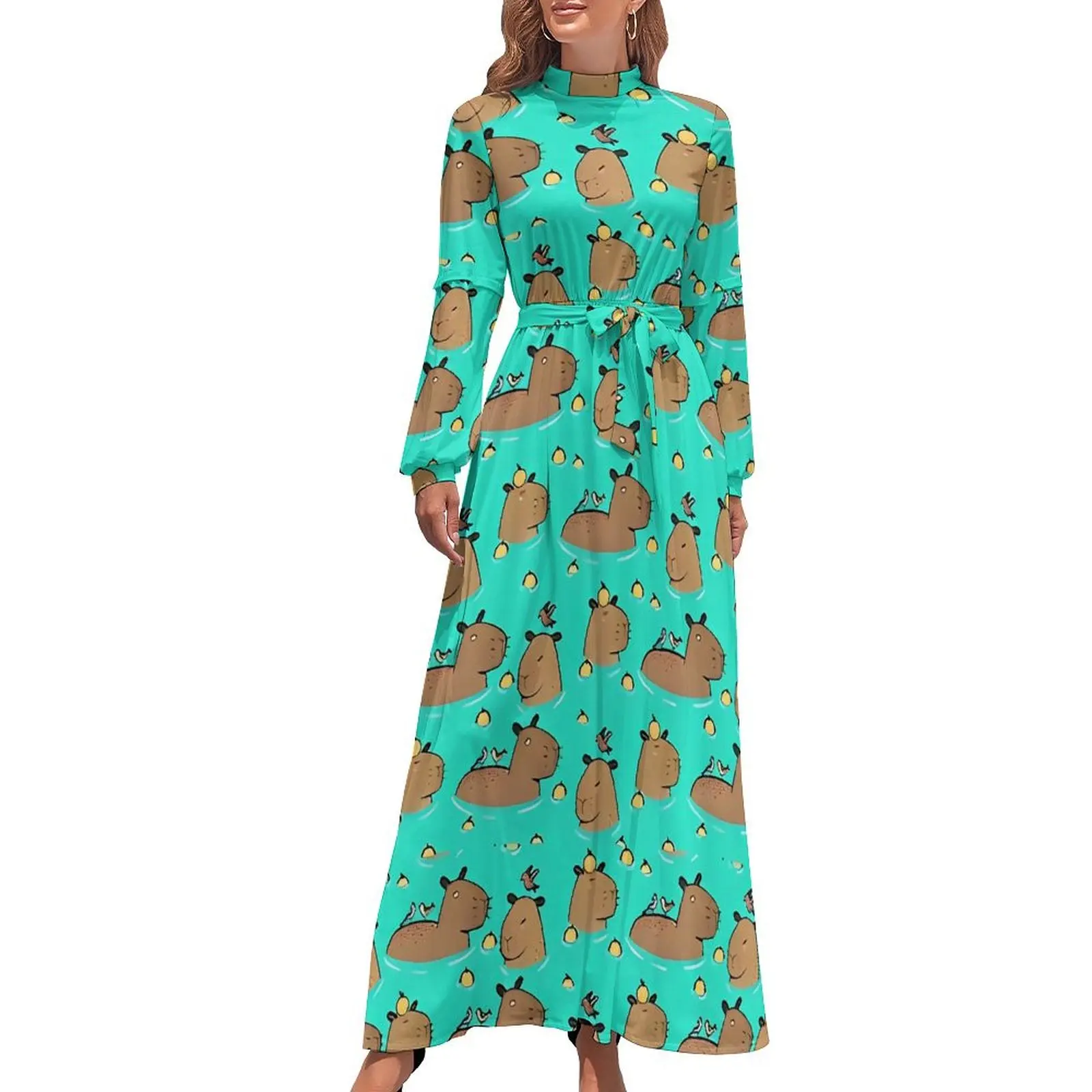 Capybara Bath Dress High Waist Cute Animal Graphic Beach Dresses Long Sleeve Street Fashion Long Maxi Dress Kawaii Clothing