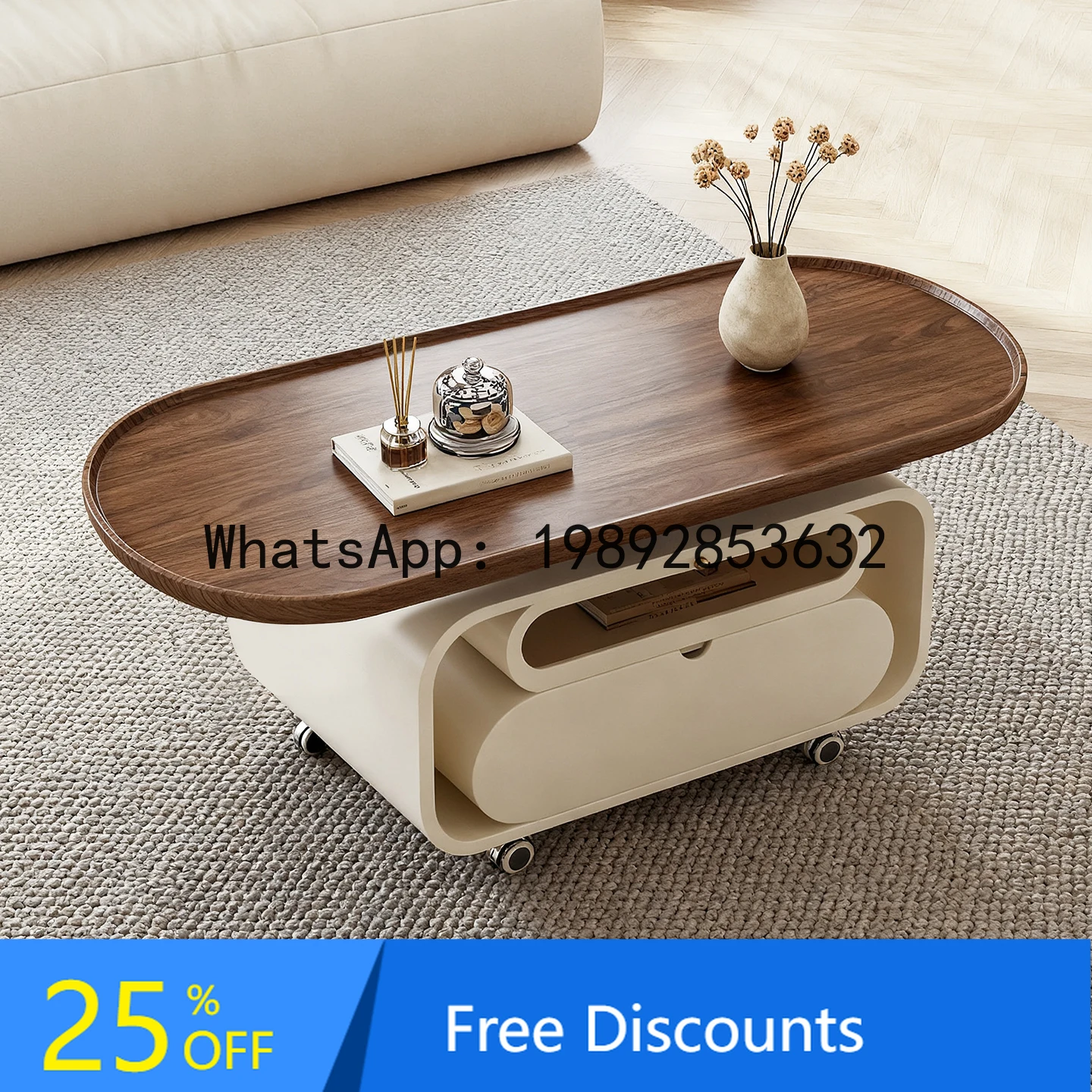 

XL Solid Wood Adjustable Mobile Coffee Table for Living Room, Small Household Tea Table Set
