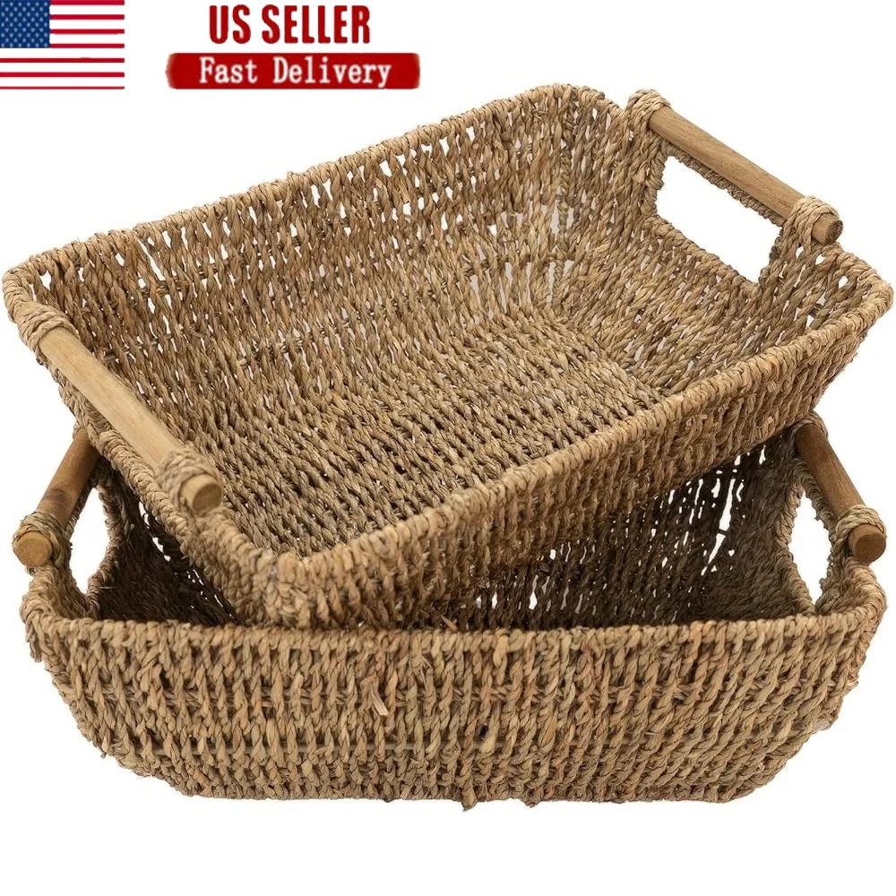 

Seagrass Storage Baskets with Wooden Handles Set of 2 Rectangular Wicker Baskets Bedroom Bathroom Living Room Organization