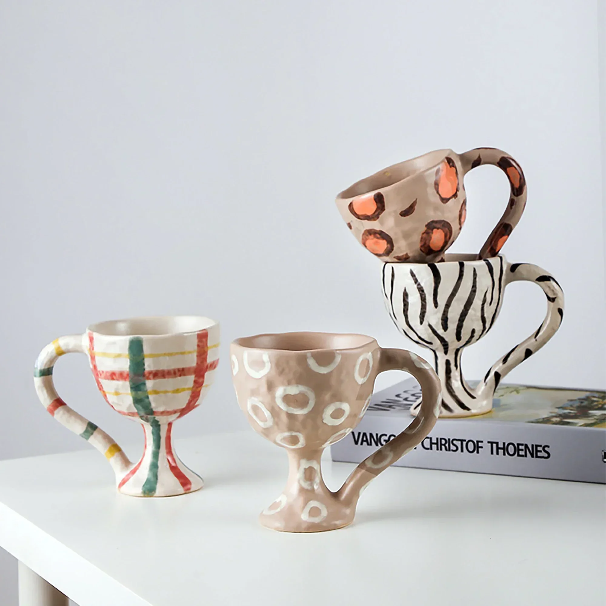 Dessert Pastries Ice Cream Cup Modern Creative Striped Dotted Goblet Handmade Ceramic Mug