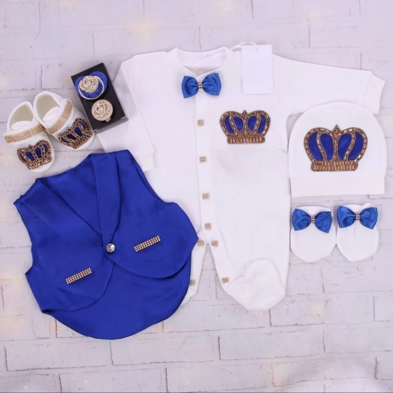 5pcs Newborn Baby Boy Outfits Blazer Vest Kids Clothing Cotton Infant Products Body Suit Shirt Pants Mittens Receiving Blanket