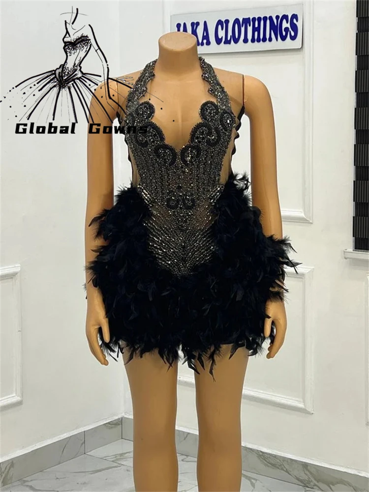 Black Halter Prom Dresses Short For Black Girl Bead Crystal Luxury Dresses Women 2025 Feather Mini Cocktail Homecoming