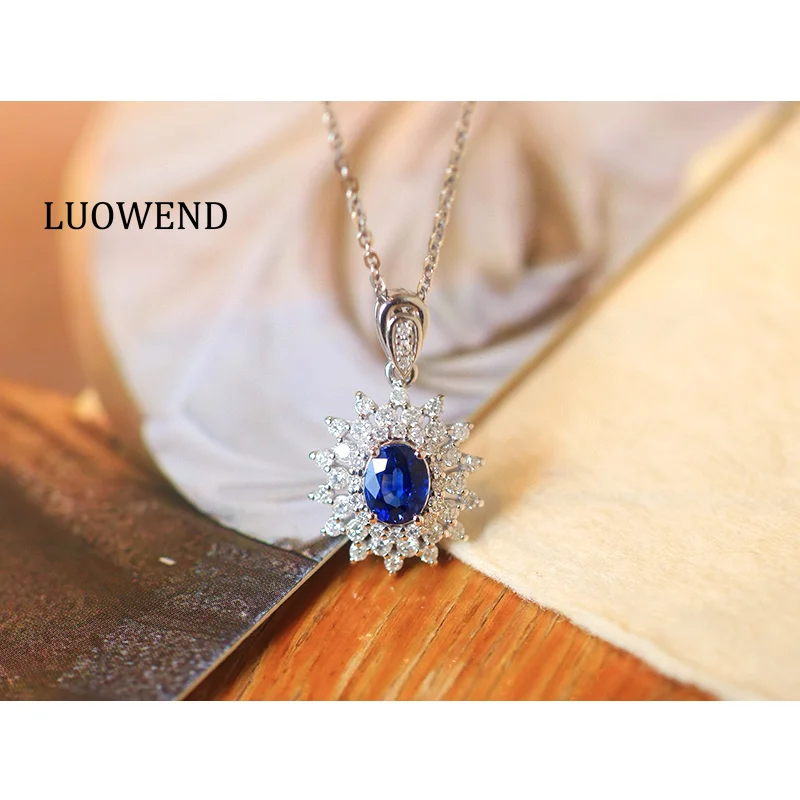 

LUOWEND 100% 18K White Gold Necklace Women Romantic Elegant Style Shiny Diamond Natural Sapphire Pendant Necklace Fine Jewelry