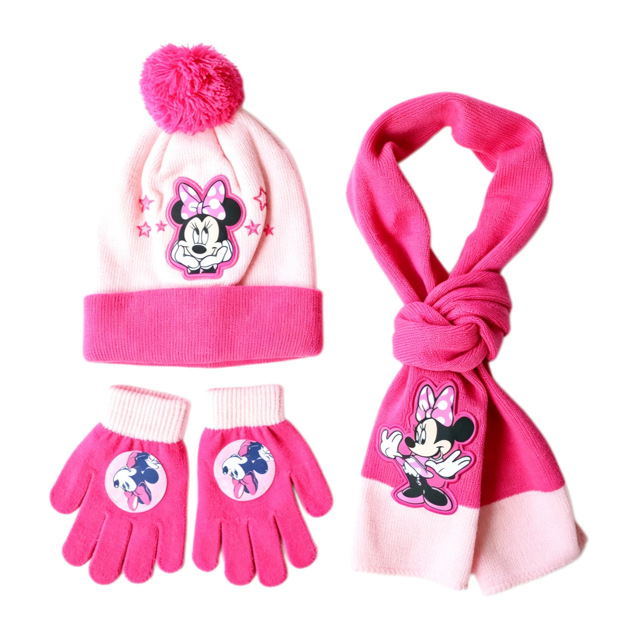 3Pcs Minnie Kids Autumn Knitted Beanie Hat Scarf Gloves Set Girls Warm Pompon Cap Children Cartoon Outdoor Accessories