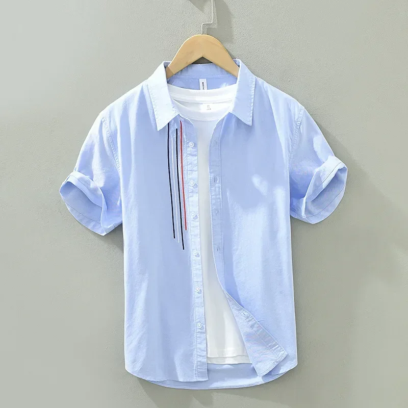 Camisa blanca de manga corta para hombre, camisa informal de algodón puro con cuello vuelto, ropa de moda para verano, nueva