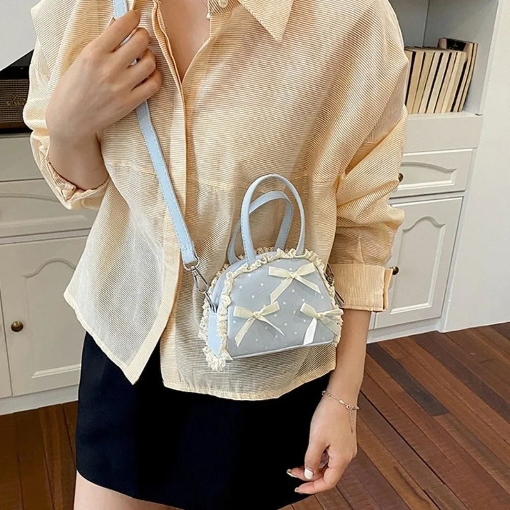 Retro Bow Polka Dot Handbag Ruffles PU Leather Crossbody Bag Messenger Bag Korean Style Shoulder Bag Lsdies