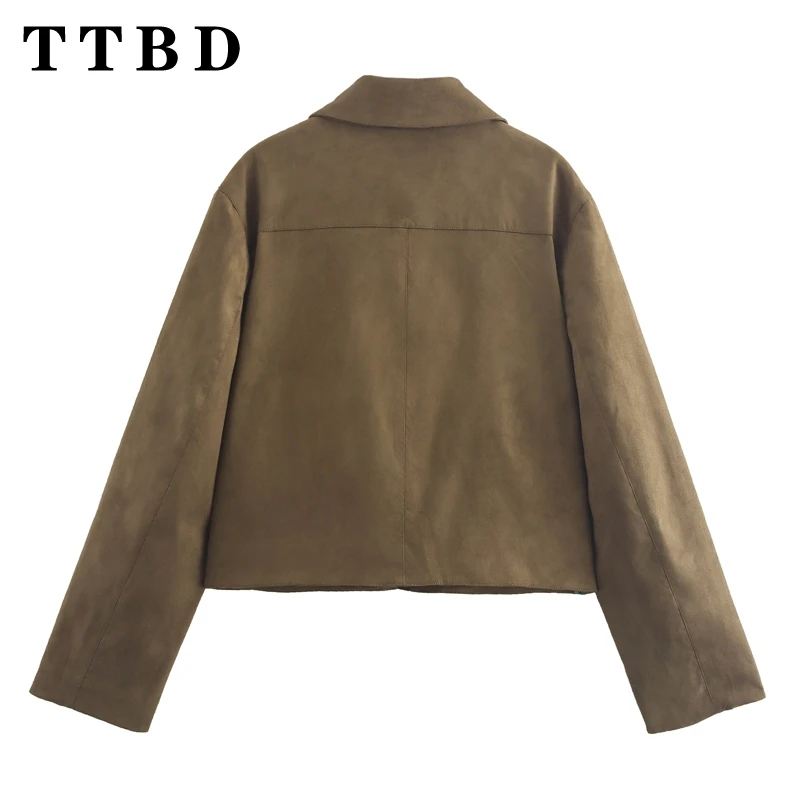 TTBD 2024 New Autumn Women's Streetwear Fashion Suede Leather Long Sleeve Cropped Jacket Casual Lapel Coat with Pockets