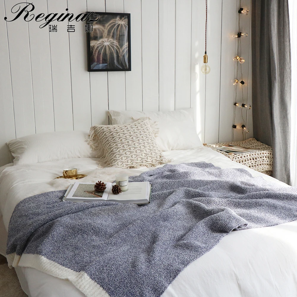 REGINA Brand Sesame Point Knitted Throw Blanket Cozy Fuzzy Microfiber Soft Winter Color Stripe Edge Sofa Bed Office Blankets