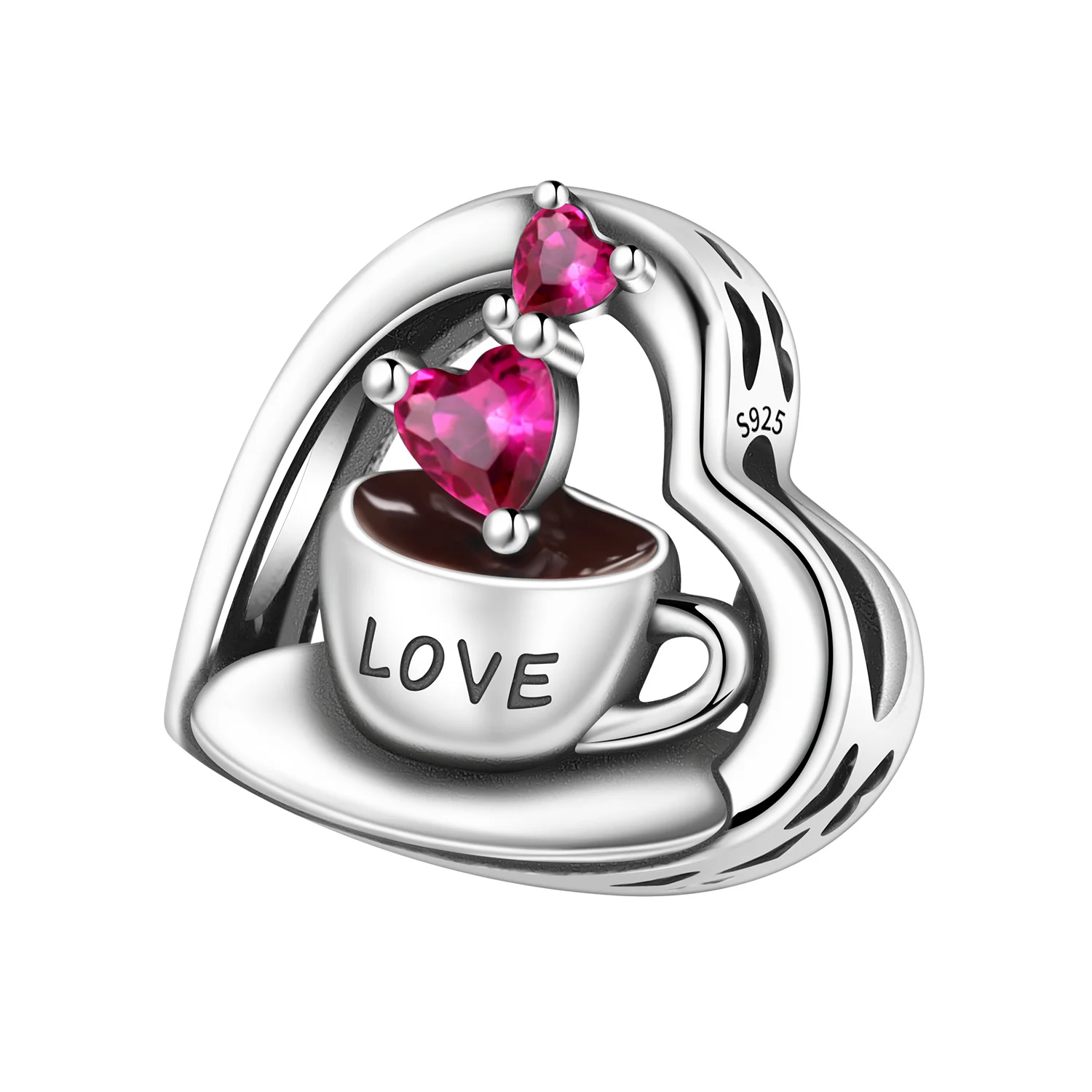 CYCUFF 925 Sterling Silber Rote Herzförmige Zirkon-Kaffee-Anhänger Perlen Passend für DIY Armband Halskette Schmuck Souvenir Geschenke