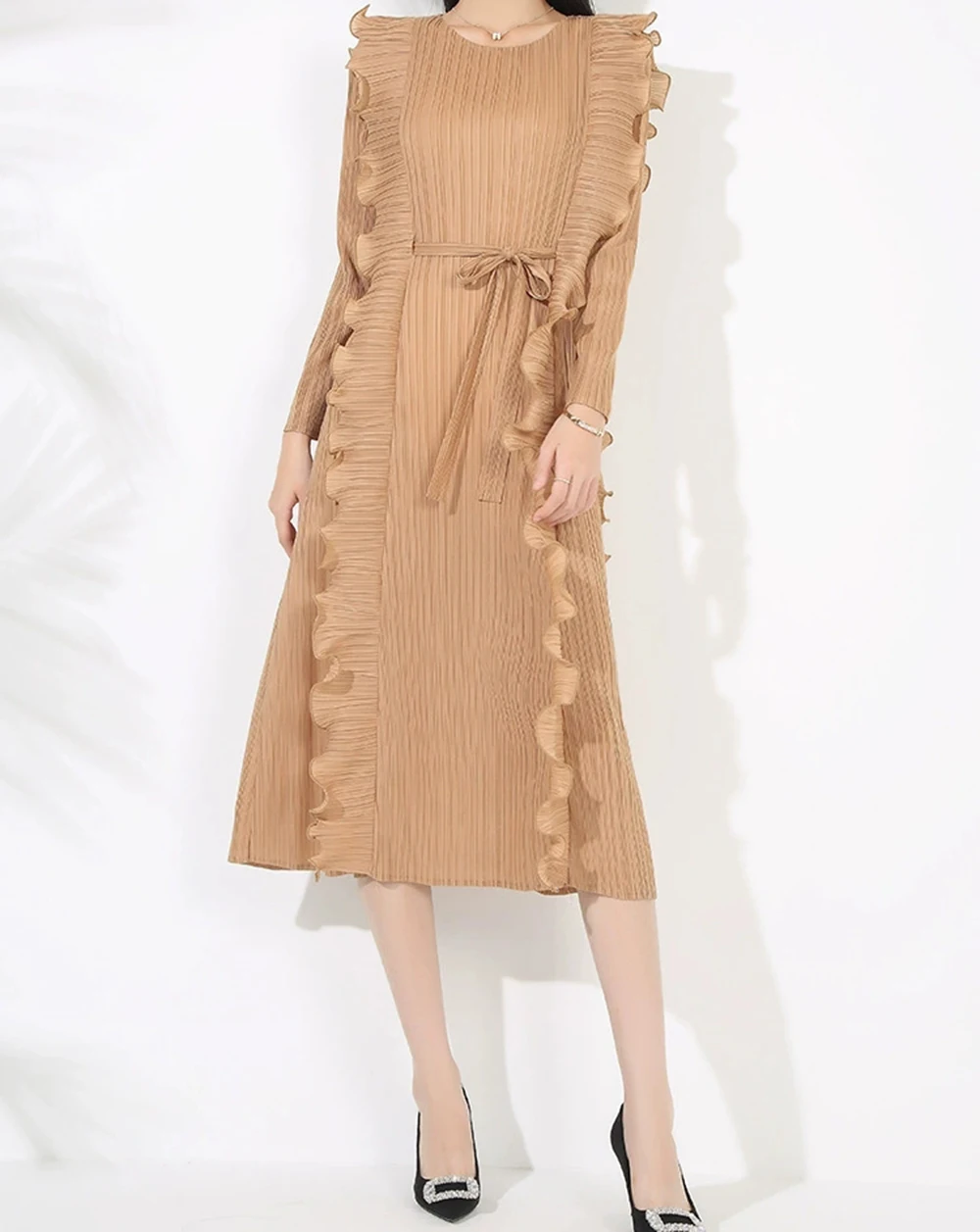 

Pleated temperament dress fashionable loose lace-up wood ear edge design slim mid-length pleated skirt-GZXX189
