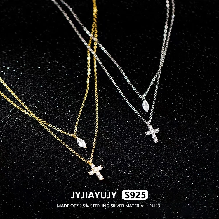 

JYJIAYUJY 100% цельное оригинальное ожерелье из стерлингового серебра S925, двухслойное ожерелье с крестом и цирконием, модные женские ювелирные изделия, подарок N123