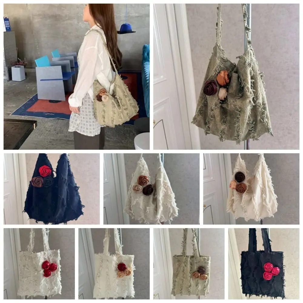 

Large Capacity Linen Jacquard Tote Bag Korean Style Cotton Bag Decorated with Roses Solid Color Lightweight Flax Raw Edge Bag
