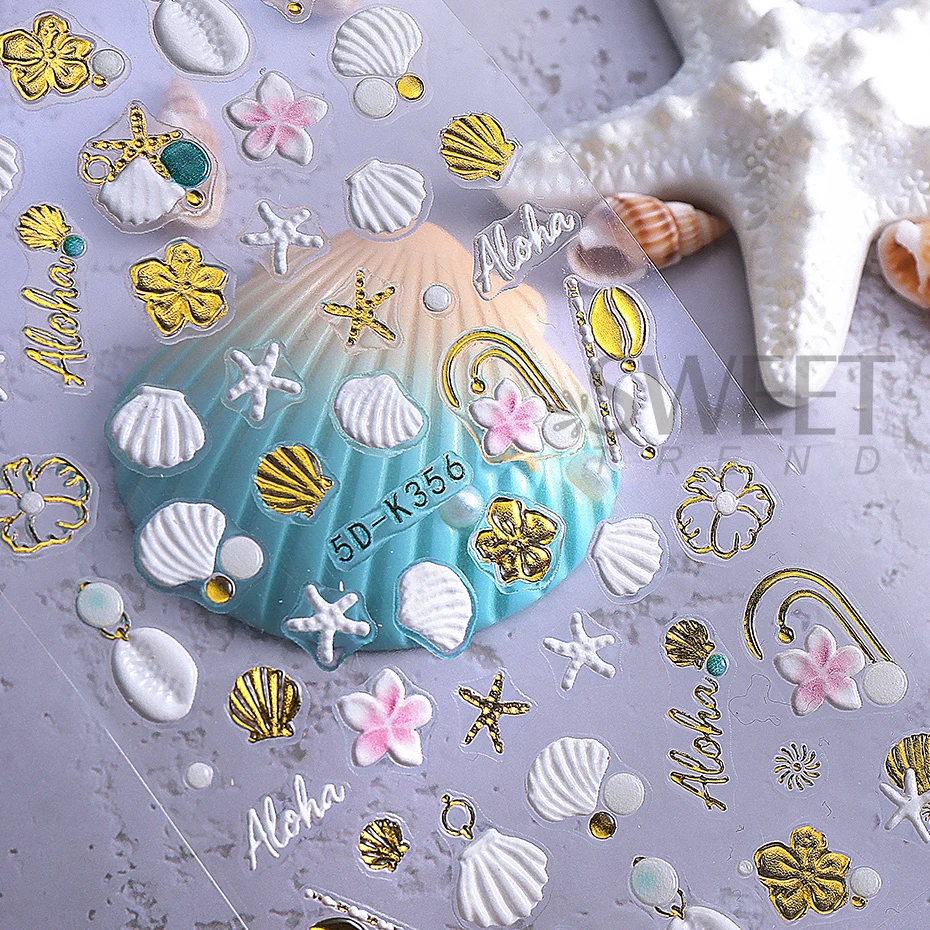 5d verão praia oceano conchas estrela do mar adesivos de unhas concha estrelas em relevo suprimentos da arte do prego decalques manicure charme decoração diy