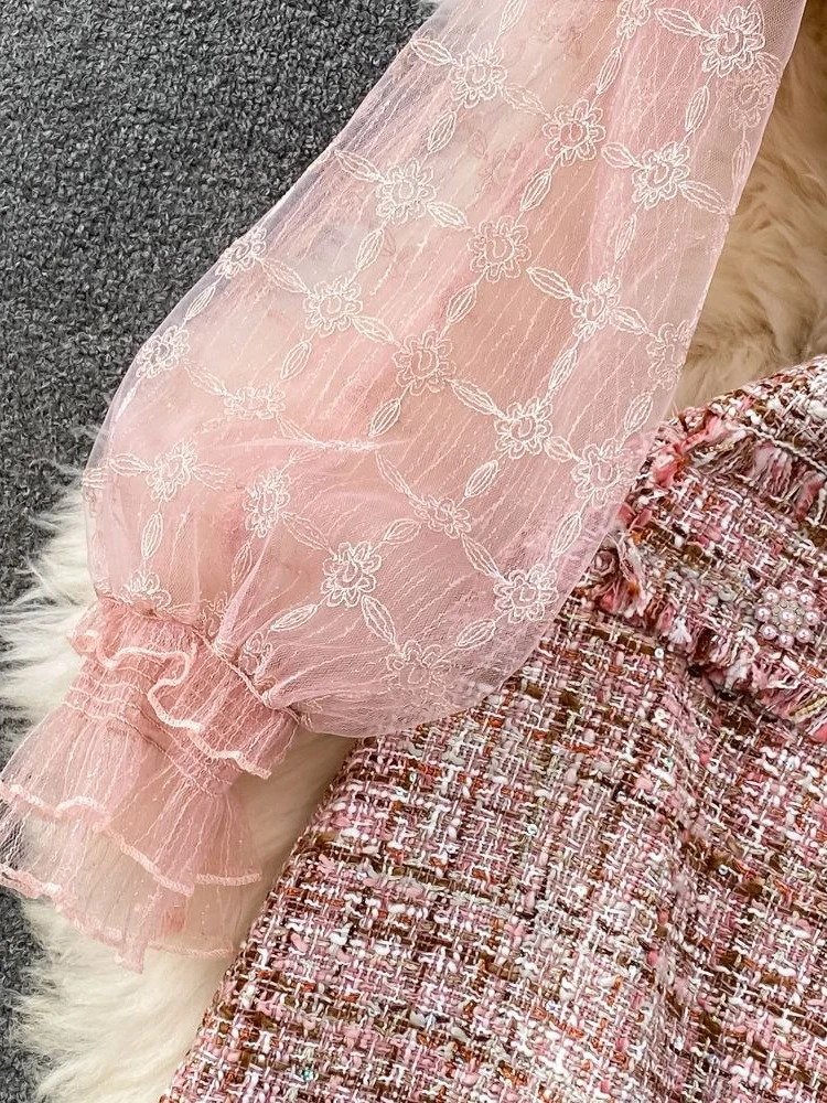 Elegancka francuska sukienka z tweedu z siateczkowymi wstawkami, damska sukienka vintage w kształcie litery A, mini, z falbankami przy kołnierzyku, kokardą i długim rękawem, nowa jesienna kolekcja.