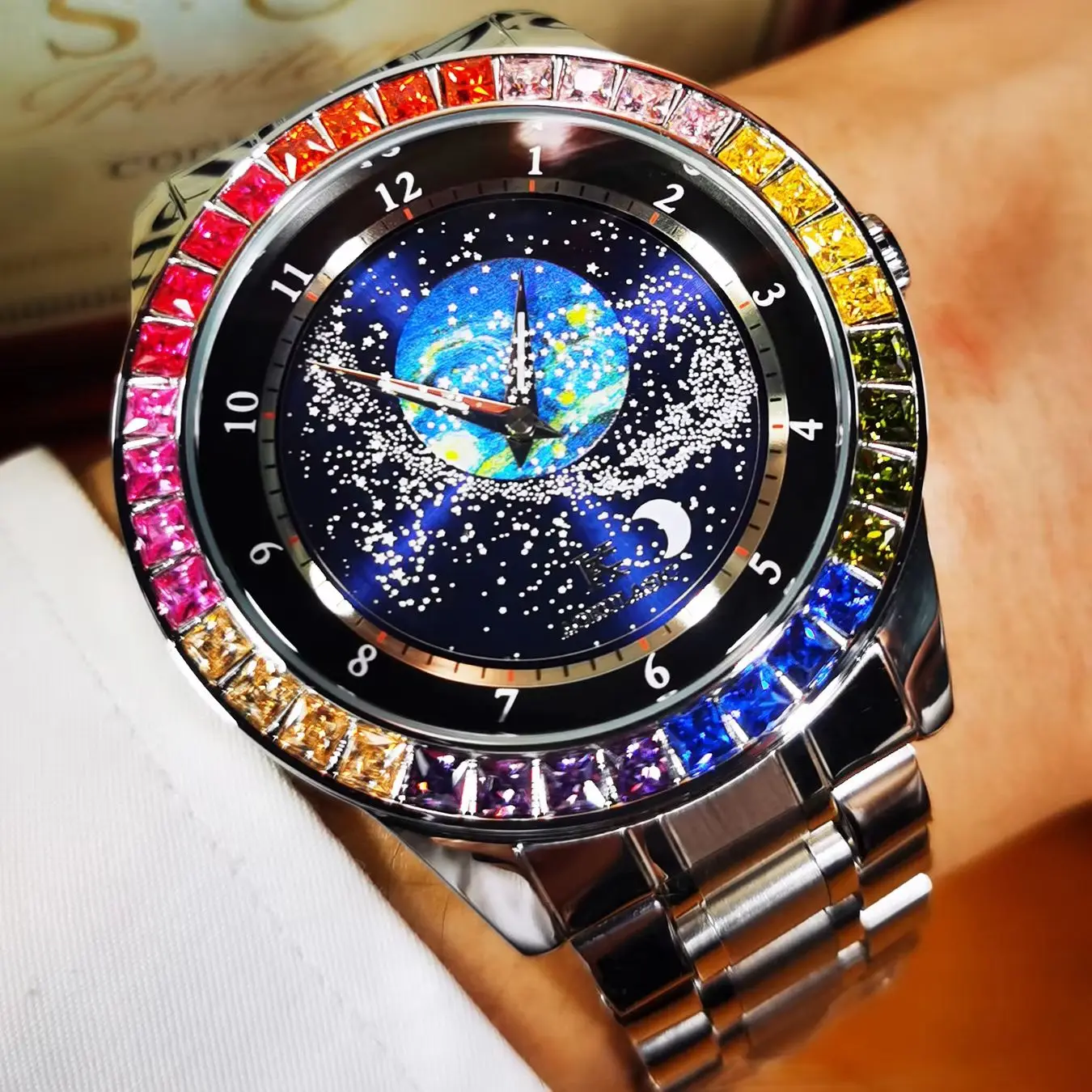 

AOKULASIC Fashion Mechanical Watch for Men Starry Luminous Dial Steel Leather Strap Luxury Brand Business Automatic Mens Watches