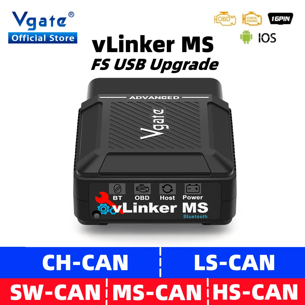 Vgate vLinker MS Upgrade FS ELM327 Bluetooth Support iOS/PC/Android Car Scanner OBD Auto Diagnostic Tool OBD 2 Scan CH LS CAN