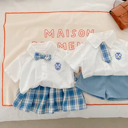 2024 Summer Toddler Sibling Look Clothes Set College Style Plaid Pleated Skirts Shorts Suit Embroidery Brand Shirt Infant Outfit