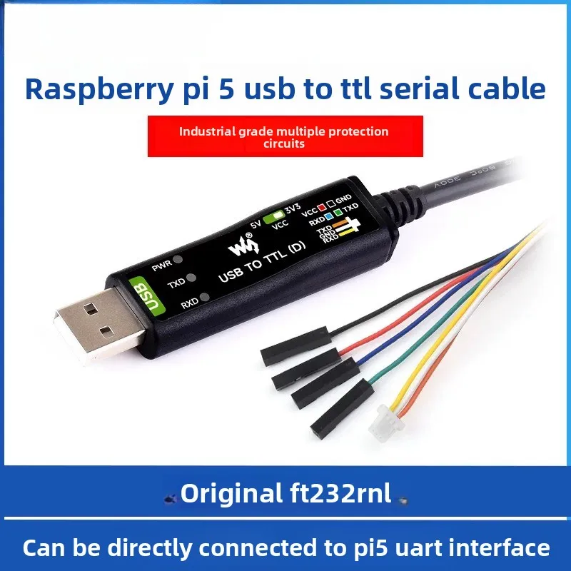 Industrial USB To TTL Cable, Original FT232RNL, UART Debug Console for Raspberry Pi 5, 3.3V/5V Multi Protection Download Adapter