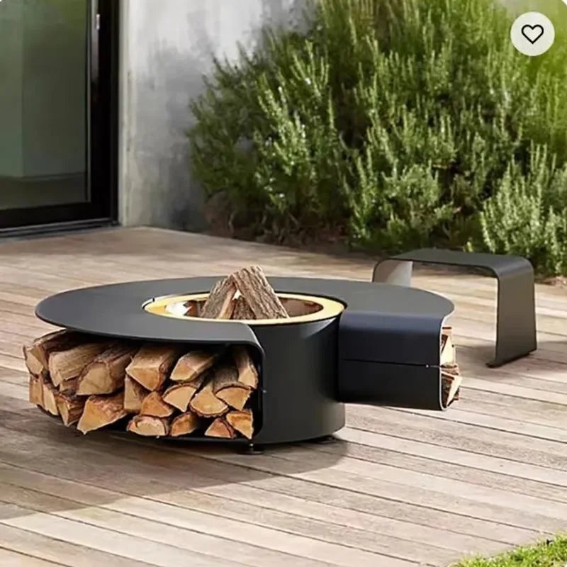 Custom Amazing Design Outdoor Black Metal Fire Bowl with Bbq Grill Tray Log Wood Rack Storage Carbon Steel Smokeless Fire Pit